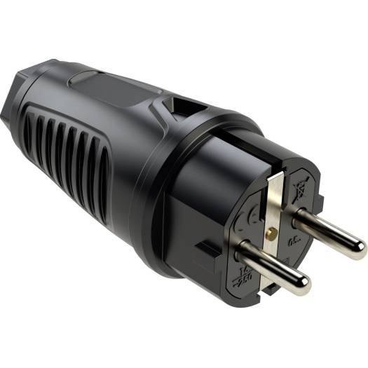Zwarte tweepins elektrische stekkeradapter met afgeronde behuizing en geventileerde grip, weergegeven op een witte achtergrond.