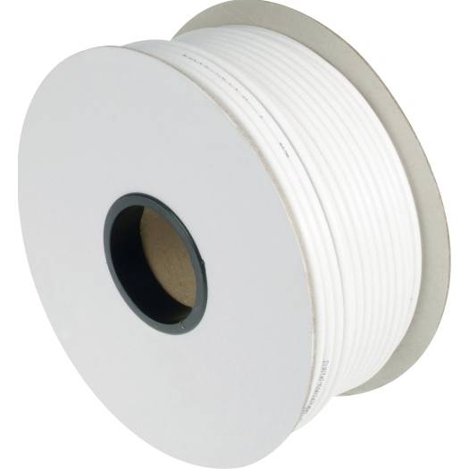Witte spoel met opgerold kabel of draad met een centraal gat, weergegeven tegen een effen achtergrond.