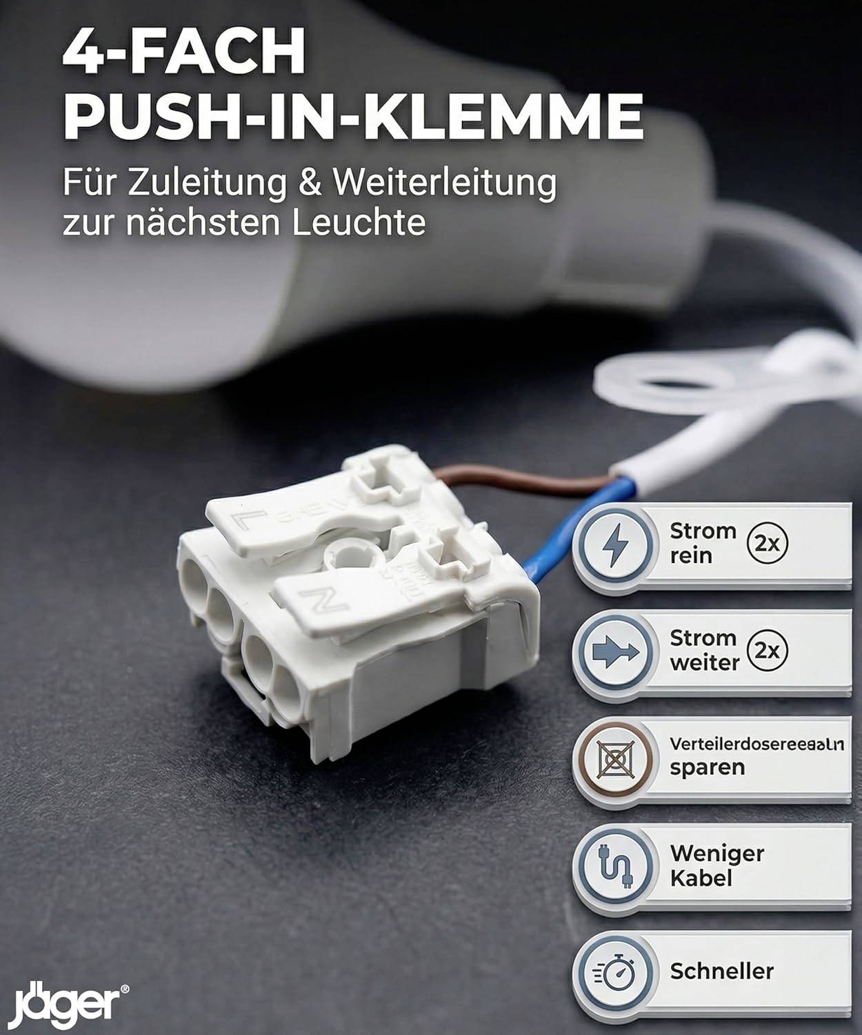 4-weg push-in connector voor verlichtingsbedrading, weergegeven met labels: 'Stroom in', 'Stroom door', 'Verdeeldozen besparen', 'Minder kabels', 'Sneller'.