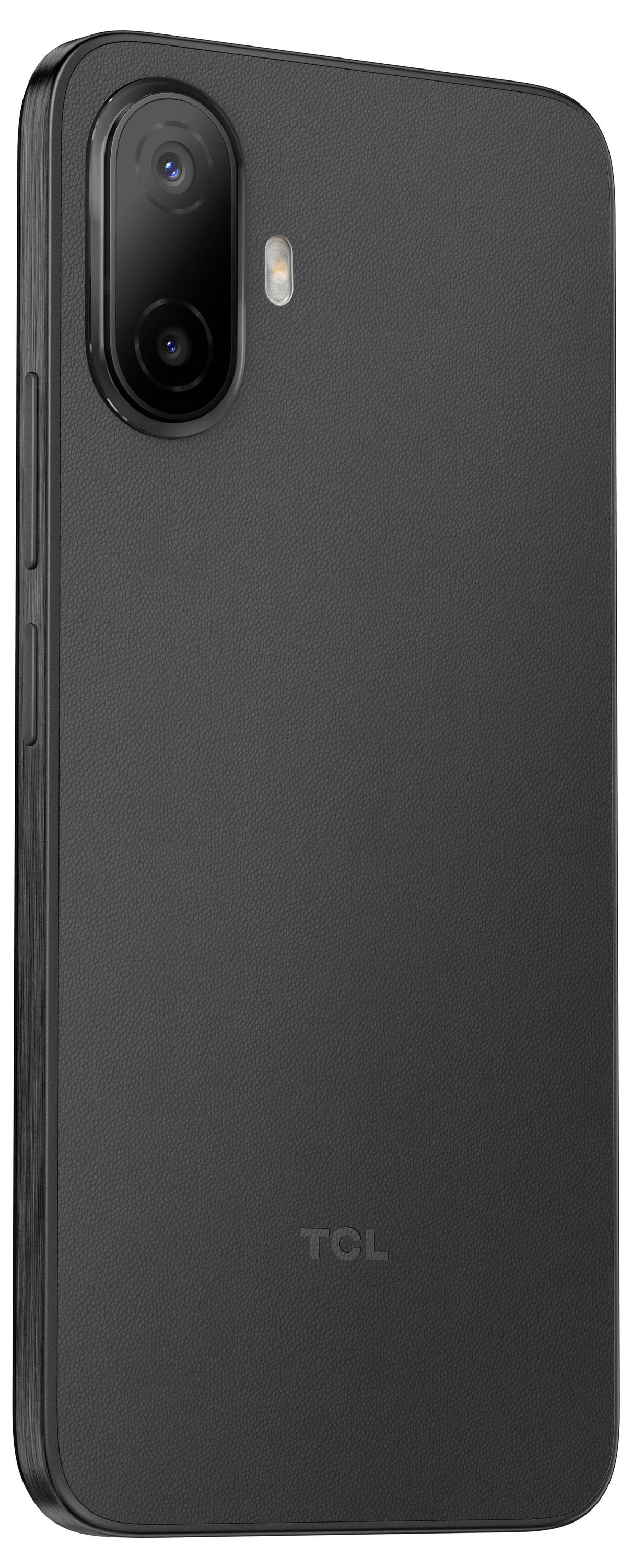 Achterkant van een zwarte TCL-smartphone met dubbele achteracamera's in een verticale pilvoormige module en een kleine flits.