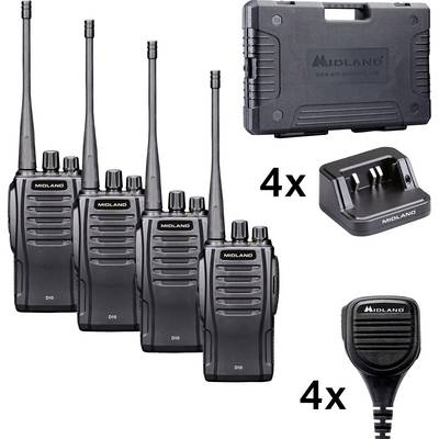 Set van vier Midland D10 walkie-talkies met antennes, plus vier oplaaddokken, een draagtas en vier spreker-microfoons.