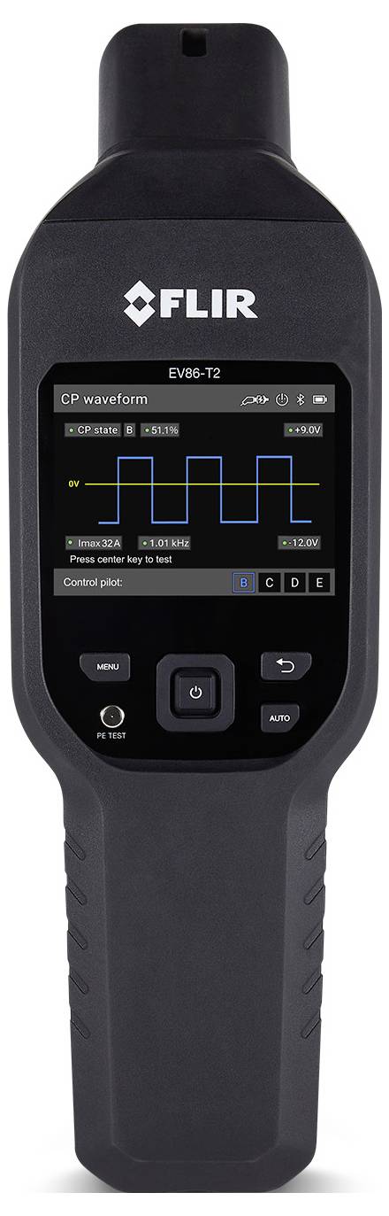 Draagbare FLIR EVB-12 tester die een golfvormgrafiek op het scherm weergeeft, met bedieningsknoppen eronder voor het testen van laadapparatuur voor elektrische voertuigen.