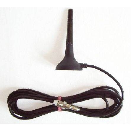 Zwarte externe antenne met aangesloten coaxiale kabel, weergegeven opgerold op een witte achtergrond.