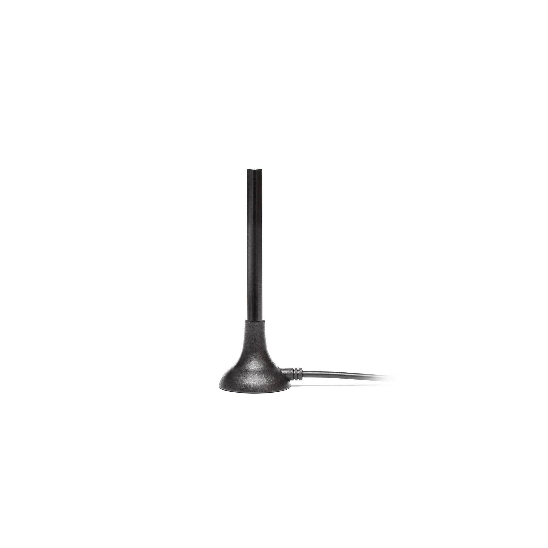 Zwarte binnenenantenne met een verticale staaf op een klein voetje en bijbehorende kabel, geïsoleerd op een witte achtergrond.
