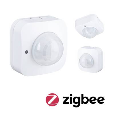 Witte Zigbee-bewegingssensor met koepelvormige PIR-lens getoond uit drie hoeken, met Zigbee-logo eronder.