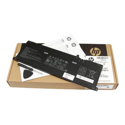HP-laptopaccu liggend op een HP-doos met handleidingen en een kleine schroevendraaier in de buurt, weergegeven als vervangingsonderdeel-verpakking.