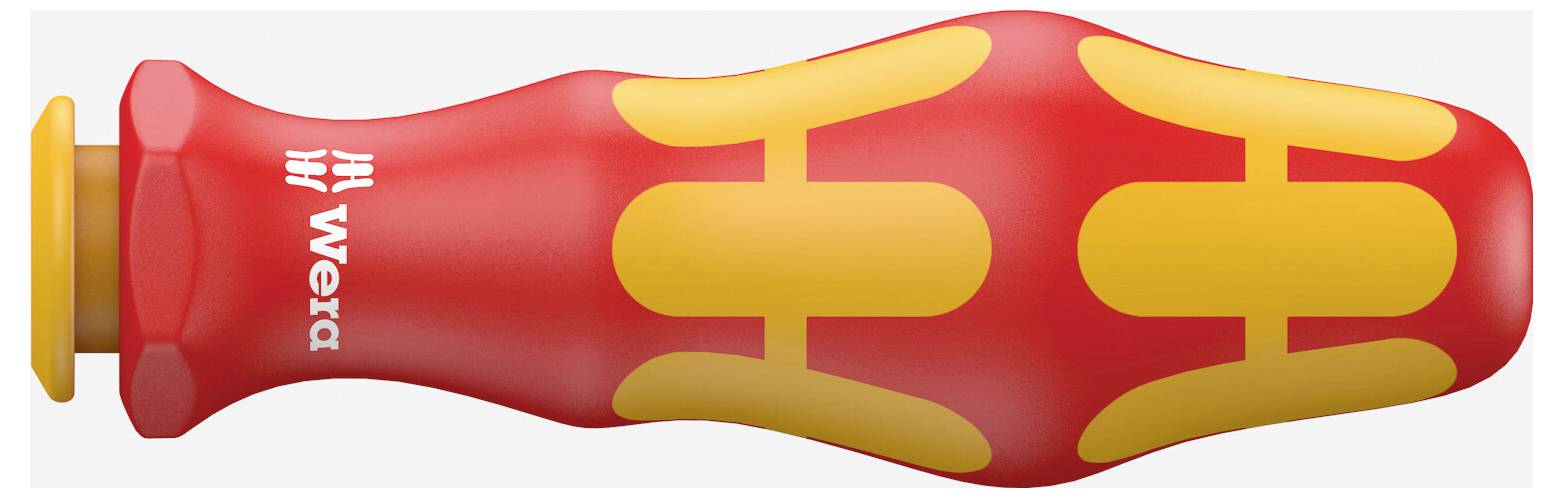 Rood-en-geel geïsoleerd schroevendraaierhandvat met het Wera-logo, weergegeven in close-up op een witte achtergrond.