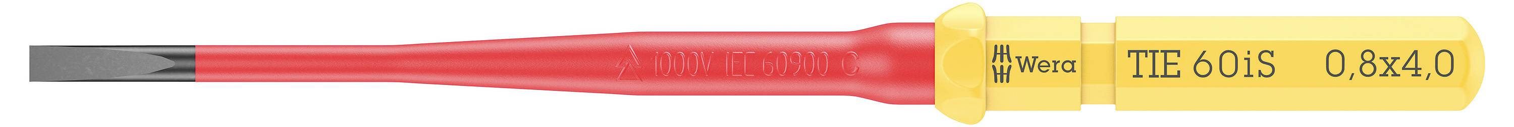 Een rood en geel Wera vlakschroefvendraaier met een transparant rood handvat, gelabeld TIE 60 iS 0.8x4.0.