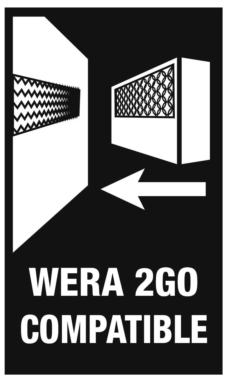 Zwart-wit productpictogram met 'WERA 2GO COMPATIBLE' met twee in elkaar grijpende koffers en een naar links wijzende pijl die compatibiliteit aangeeft.
