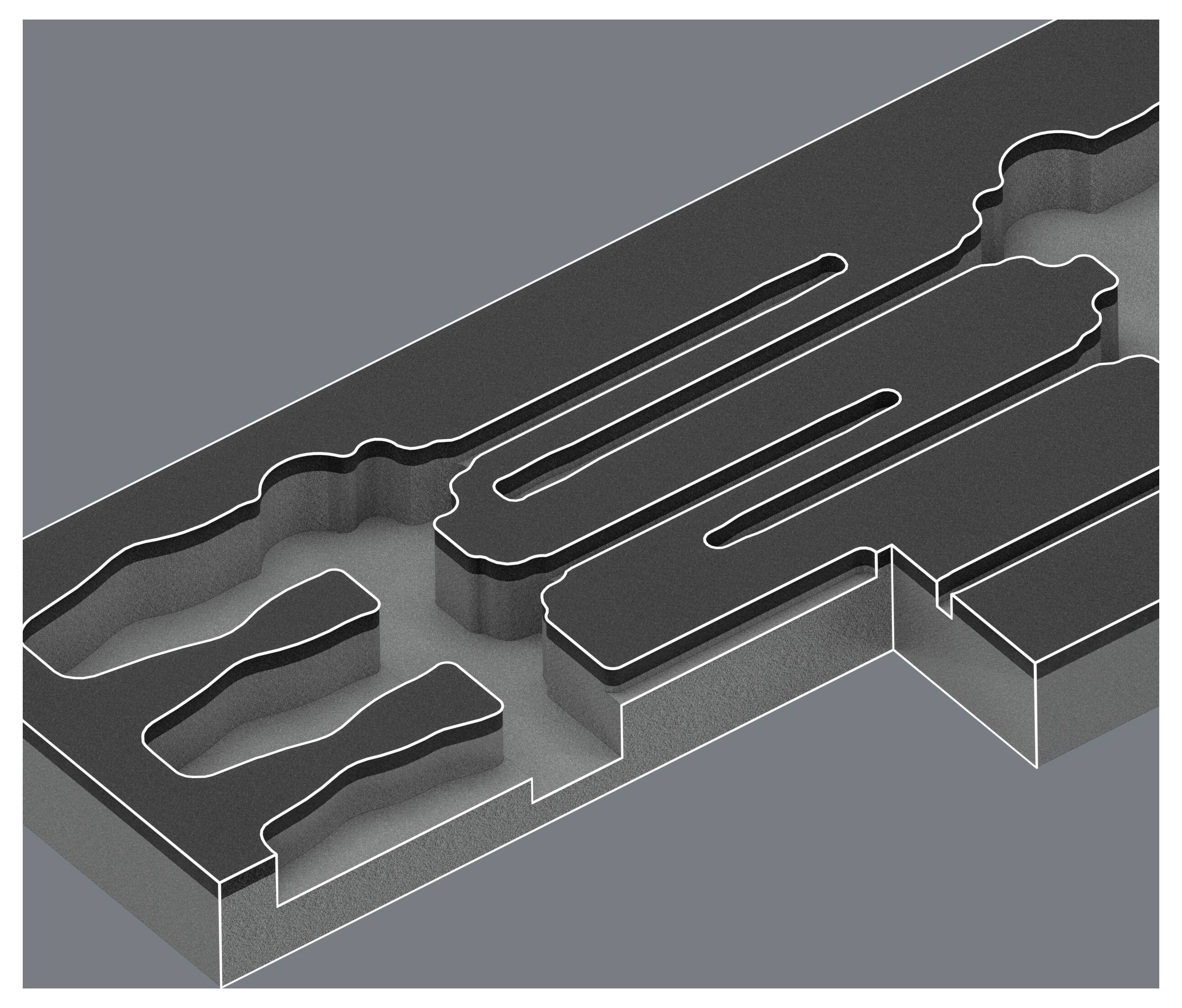 3D-uitsnede van een gelaagde zwart-grijze abstracte vorm, met ingefreesde kanalen en verhoogde contouren op een grijze achtergrond.