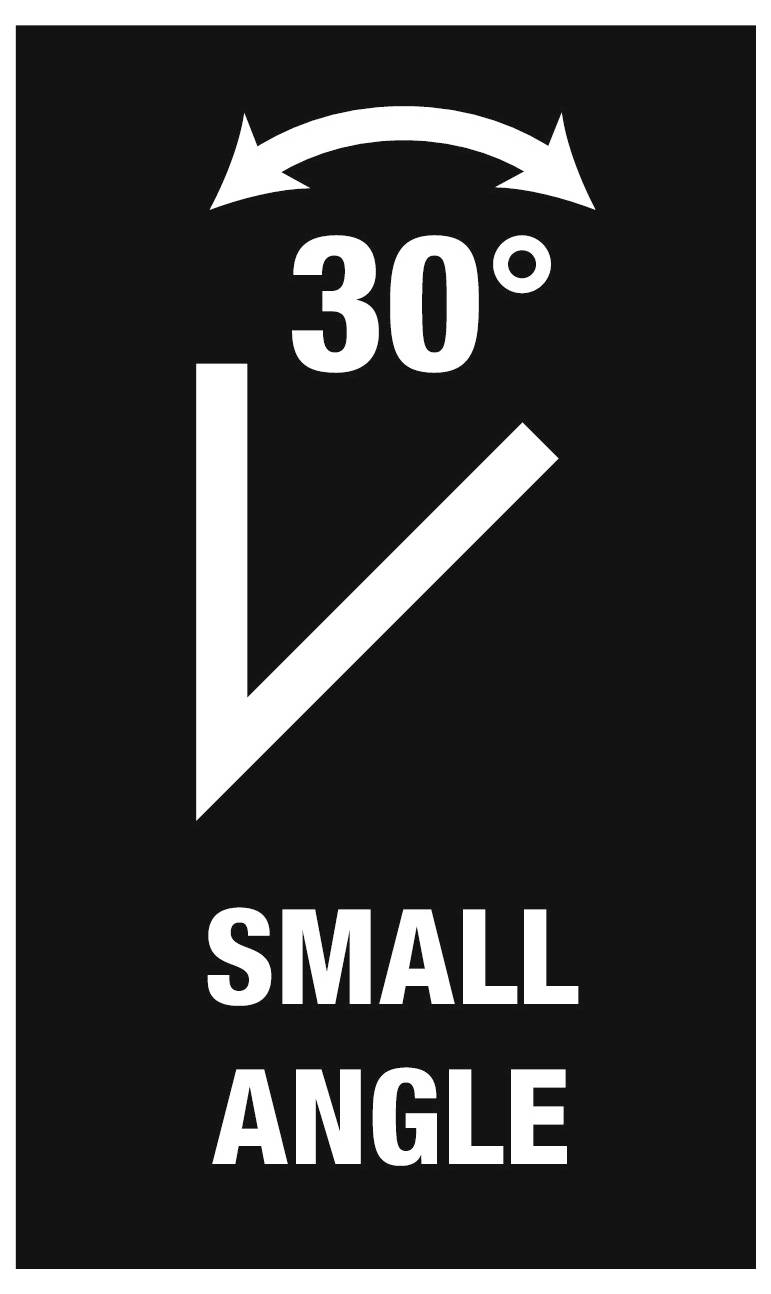 Diagram van een kleine hoek van 30°, weergegeven met een wit hooksymbool en een pijl die de hoekspanne op een zwarte achtergrond aangeeft.
