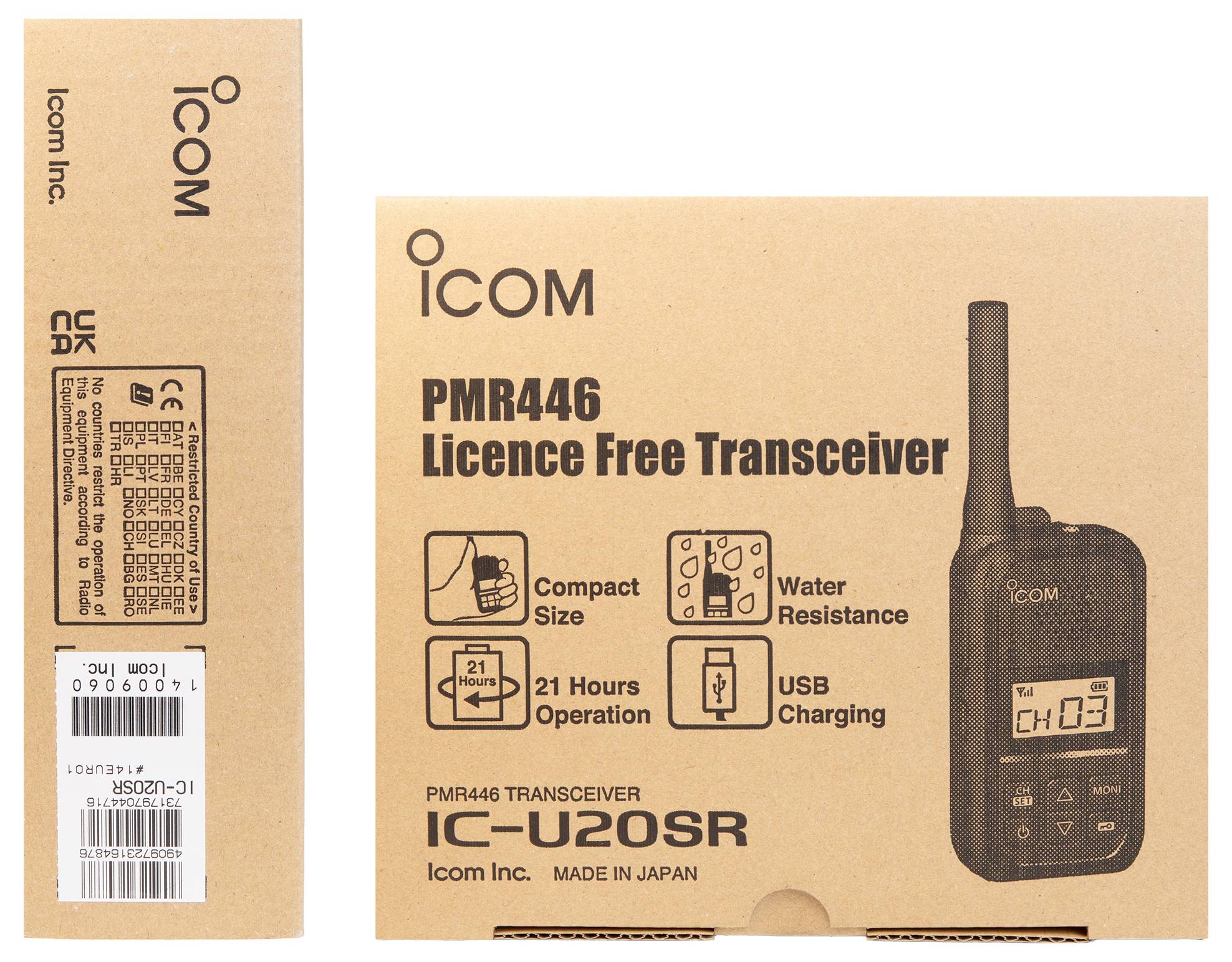 Verpakking voor Icom PMR446 licentievrije transceiver IC-U20SR, met afbeelding van de draagbare radio en kenmerken: compact formaat, waterbestendigheid, 21 uur bedrijf, USB-opladen.