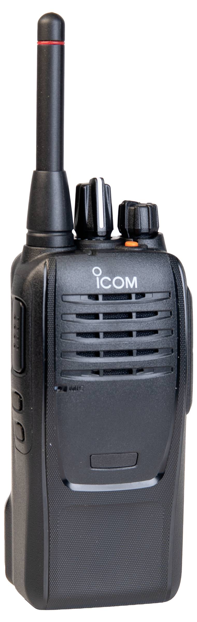 Zwarte ICOM handheld zendontvangers met antenne en bedieningsknoppen aan de bovenkant, weergegeven tegen een witte achtergrond.