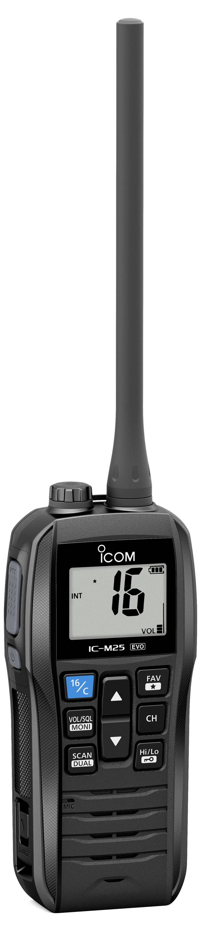 Zwarte Icom draagbare radio-zendontvanger met lange antenne en digitaal display met nummer 16.