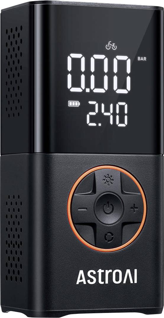 Zwarte ASTROAI draagbare compressor met digitaal display dat 0.00 bar en 2.40 batterij aangeeft, plus ronde bedieningsknoppen