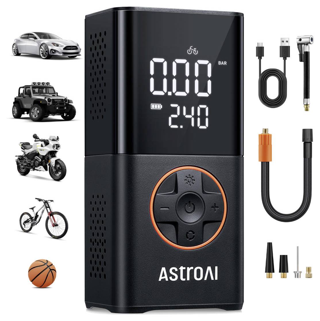 Draagbare AstroAI luchtcompressor met digitaal drukmeter, bedieningselementen, oplaadkabel, slang en adapters; weergegeven voor auto-, SUV-, motor-, fiets- en sportballeninflatie.