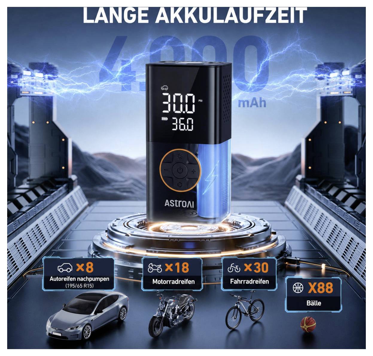 Promotionele afbeelding van een draagbare jumpstarter gelabeld 'LANGE AKKULAUFZEIT' met 4000 mAh, toont 8 auto-, 18 motorfiets-, 30 fiets- of 88 bal-starts op een futuristisch platform.