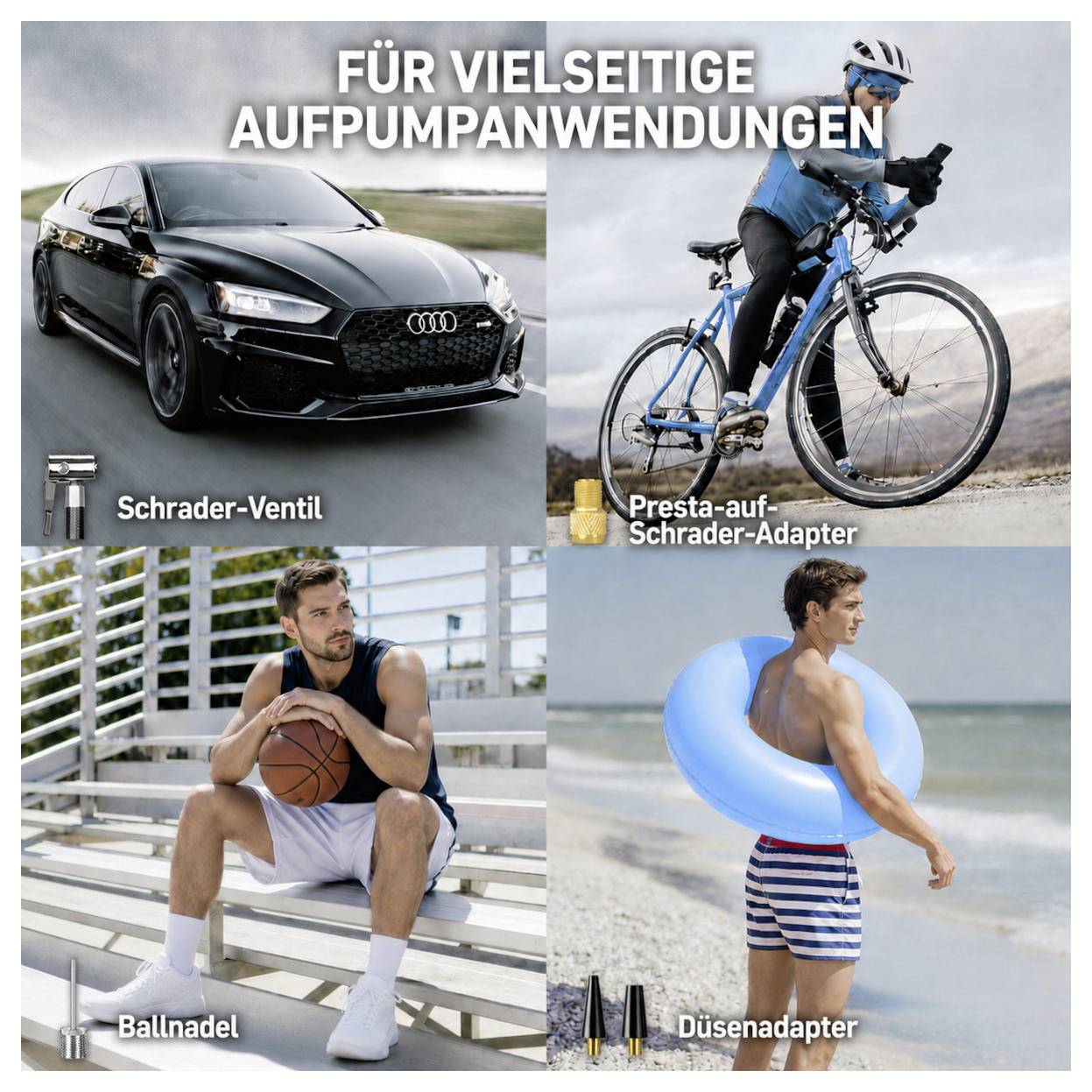 Vierpanels advertentie voor veelzijdig opblaasgebruik: Schrader-ventiel auto, Presta-naar-Schrader fietsadapter, balnaald voor een basketbal, en mondstukadapter voor een zwemring.