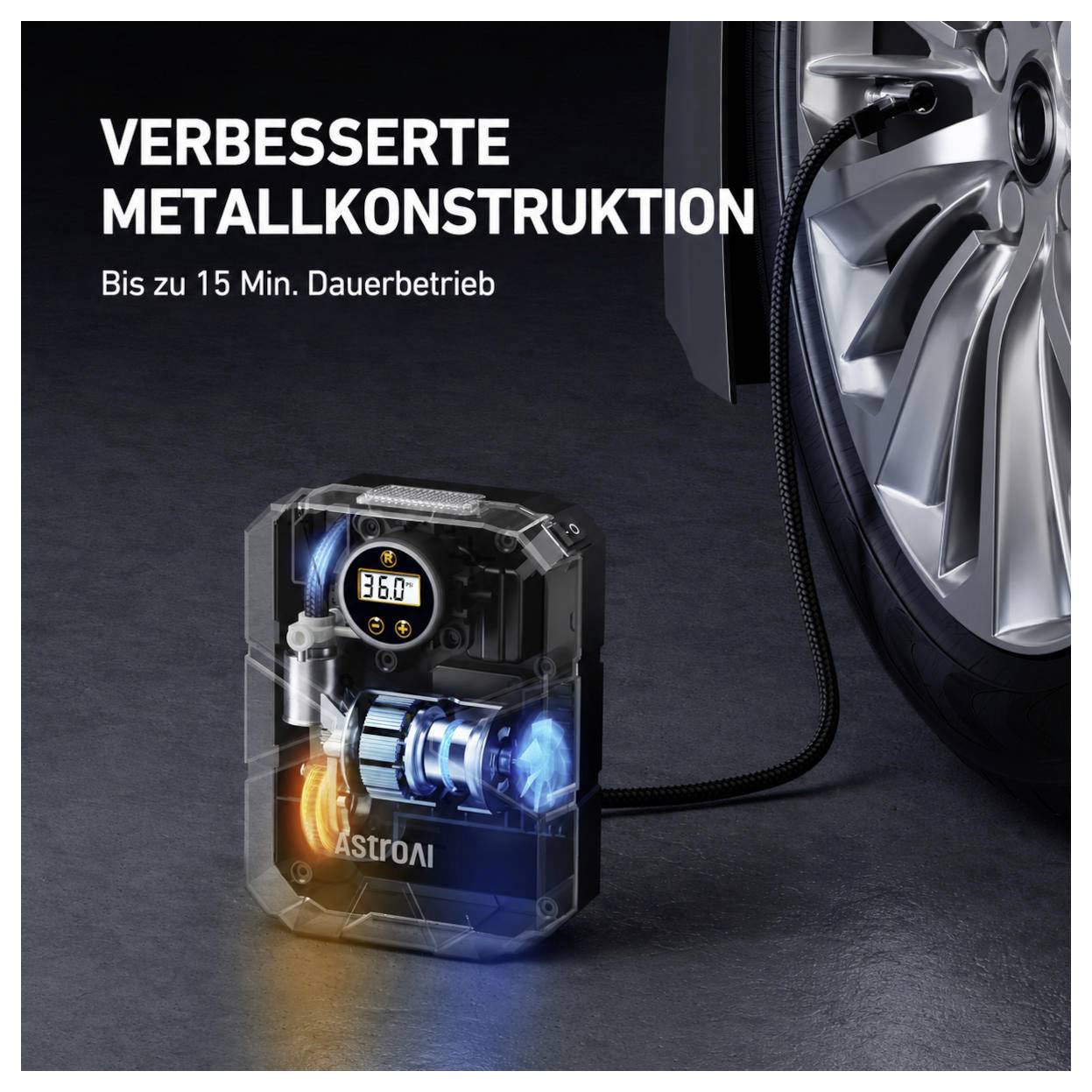 Draagbare bandenpomp naast een autowiel met Duitse tekst: 'VERBESSERTE METALLKONSTRUKTION' en 'Bis zu 15 Min. Dauerbetrieb'; manometer toont 36.0.
