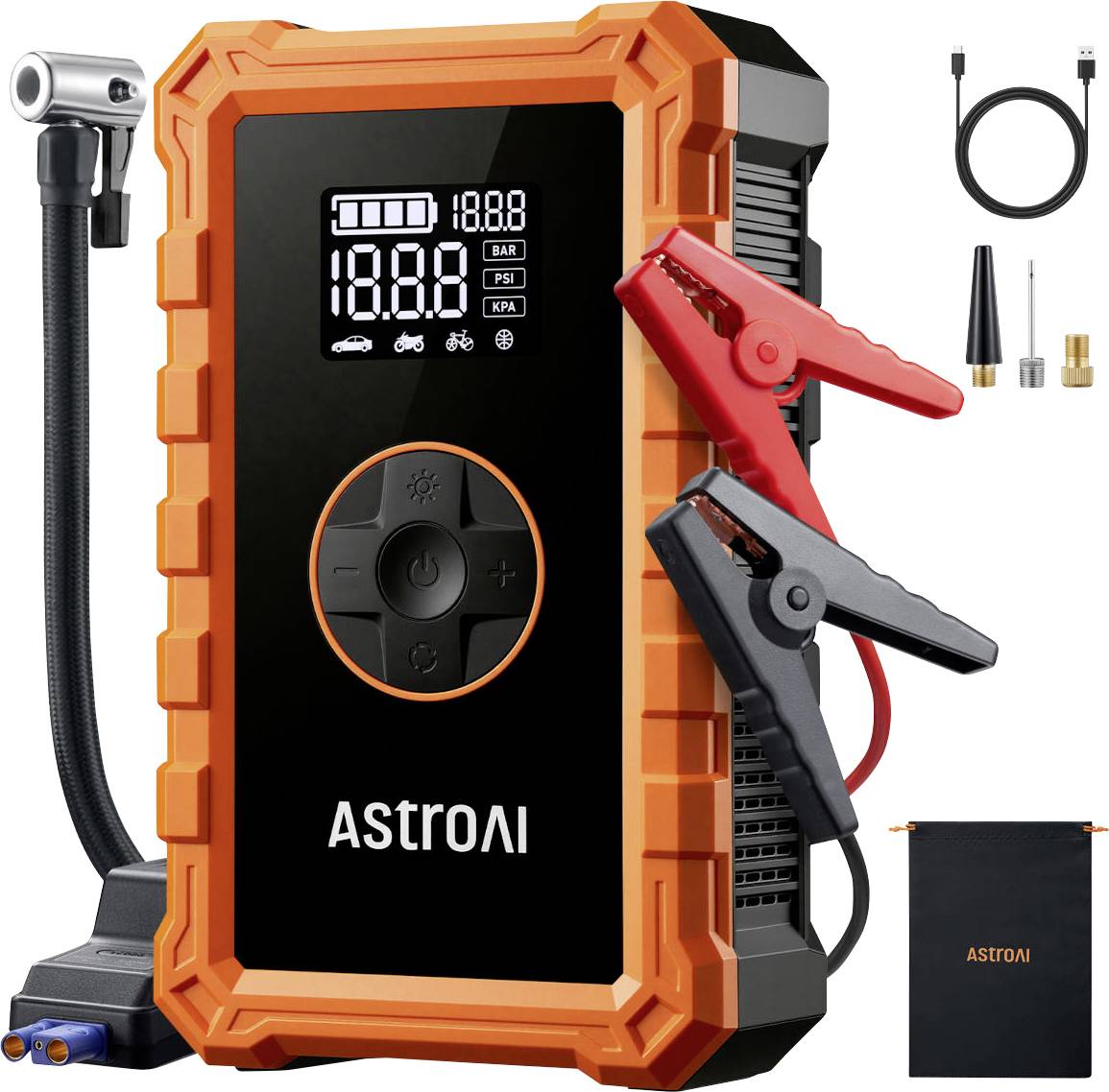 Draagbare AstroAI jumpstarter en luchtcompressor met digitaal drukdisplay, slang, klemmen en accessoires op witte achtergrond