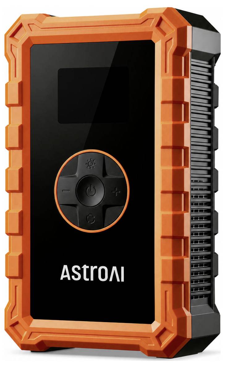 Zwart en oranje ASTROAI draagbaar apparaat met frontdisplay en centrale aan/uitknop, weergegeven in een robuuste beschermhoes.