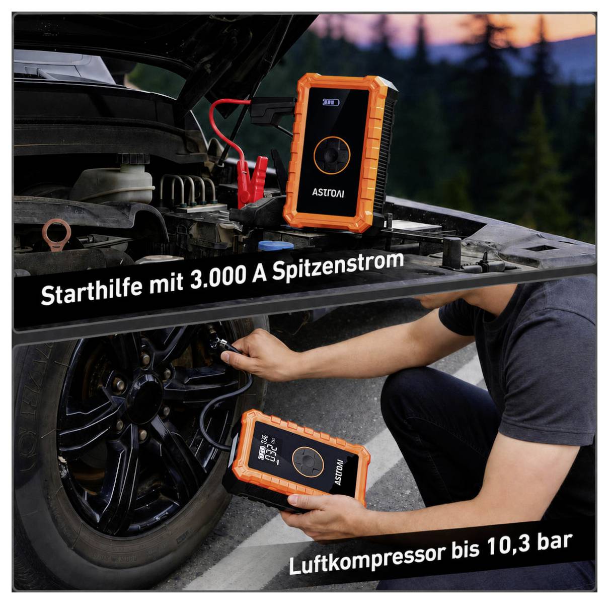 Startpinch met 3.000 A piekstroom en luchtcompressor tot 10,3 bar.