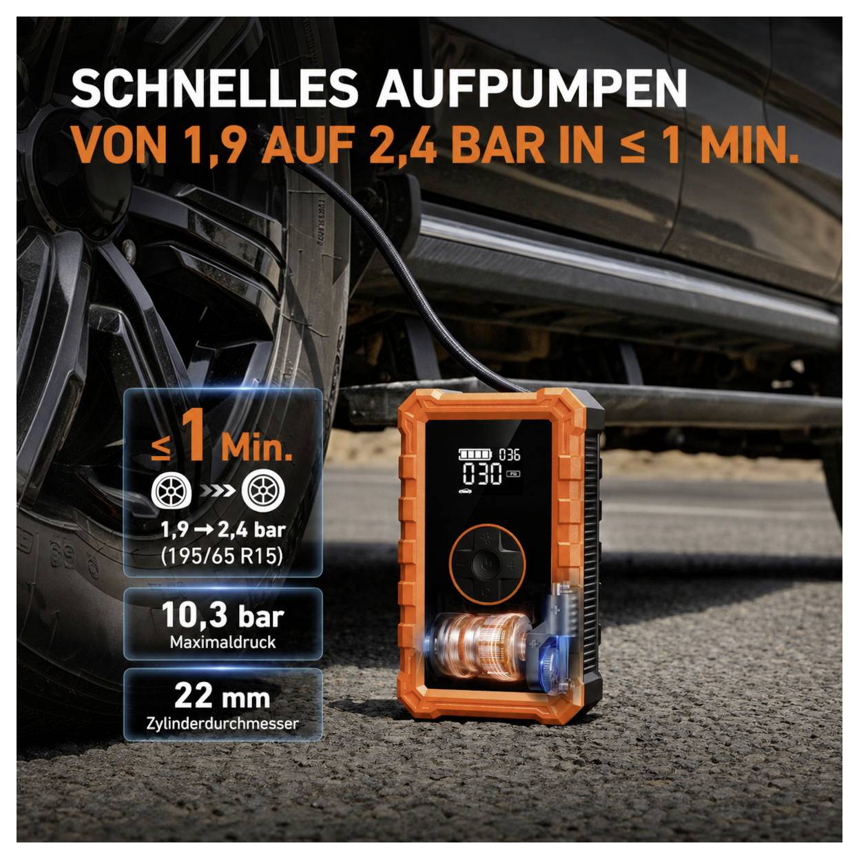 Draagbare bandenpomp naast een autobandage, adverterend snelle opblazing van 1,9 tot 2,4 bar in minder dan 1 minuut, maximale druk 10,3 bar en cilinderdiameter van 22 mm.