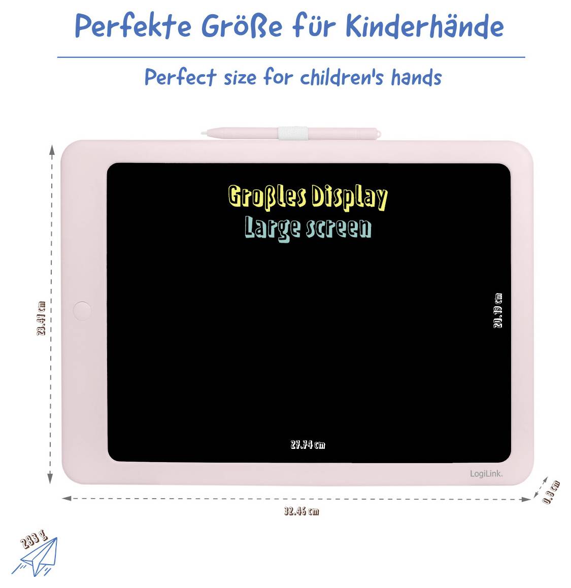 Roze kindertekentablet met label 'Groot scherm' met afmetingen weergegeven, demonstreert een maat geschikt voor kleine handjes.