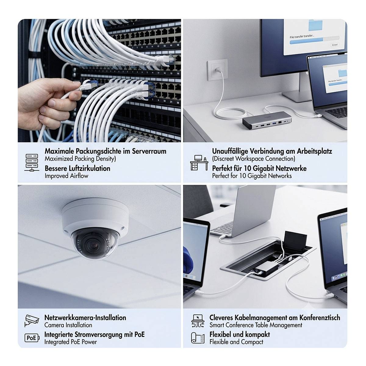 Netwerk-infrastructuur infographic met vier panelen met dichte servercables, compacte werkpleknetworkverbinding, plafondveiligheidscamera met PoE en georganiseerd kabelmanagement aan de conferentietafel.