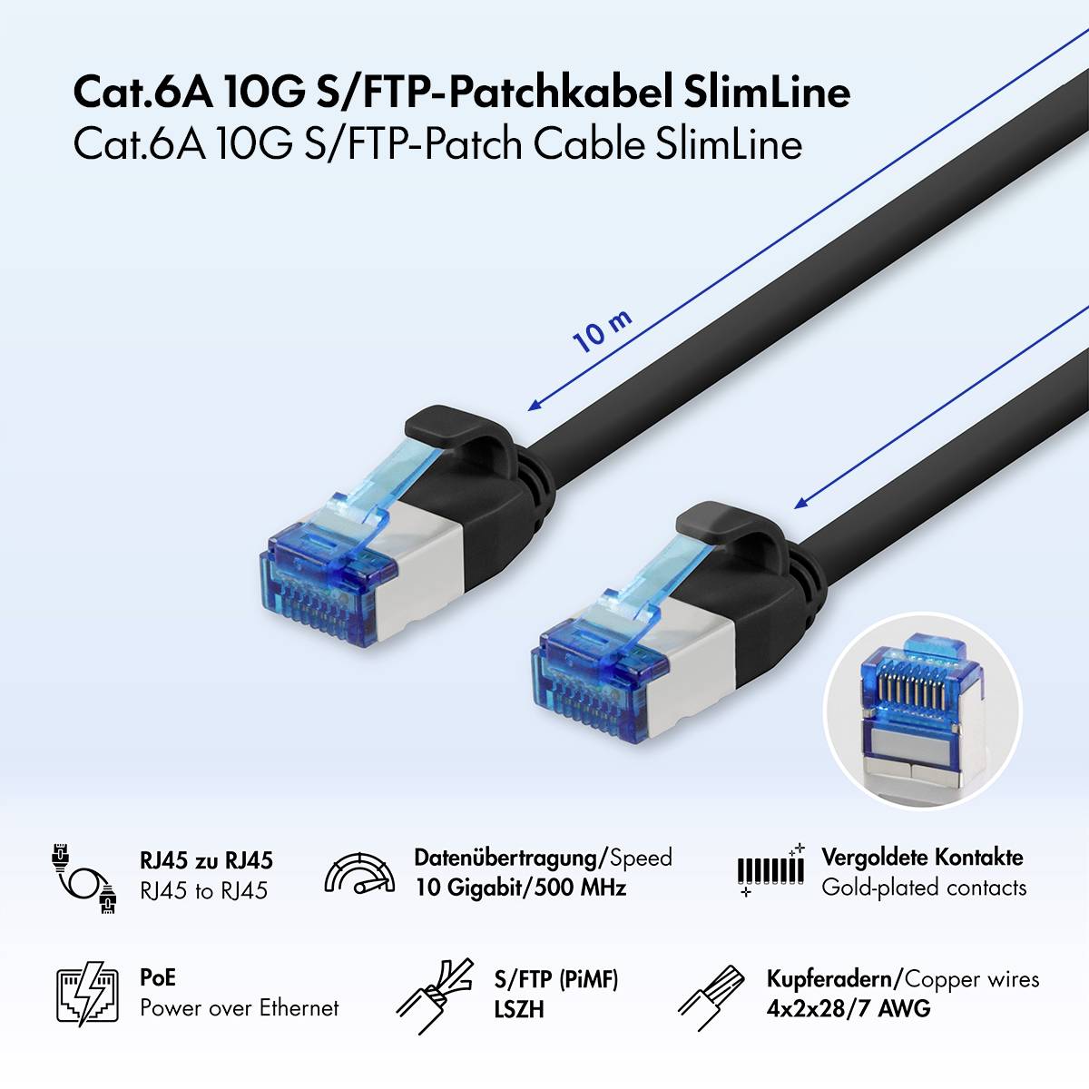 Productafbeelding van een Cat.6A 10G S/FTP patchkabel SlimLine, met twee RJ45-aansluitingen, 10 m lengte, verguld contacten, PoE-ondersteuning en koperdraadspecificaties.