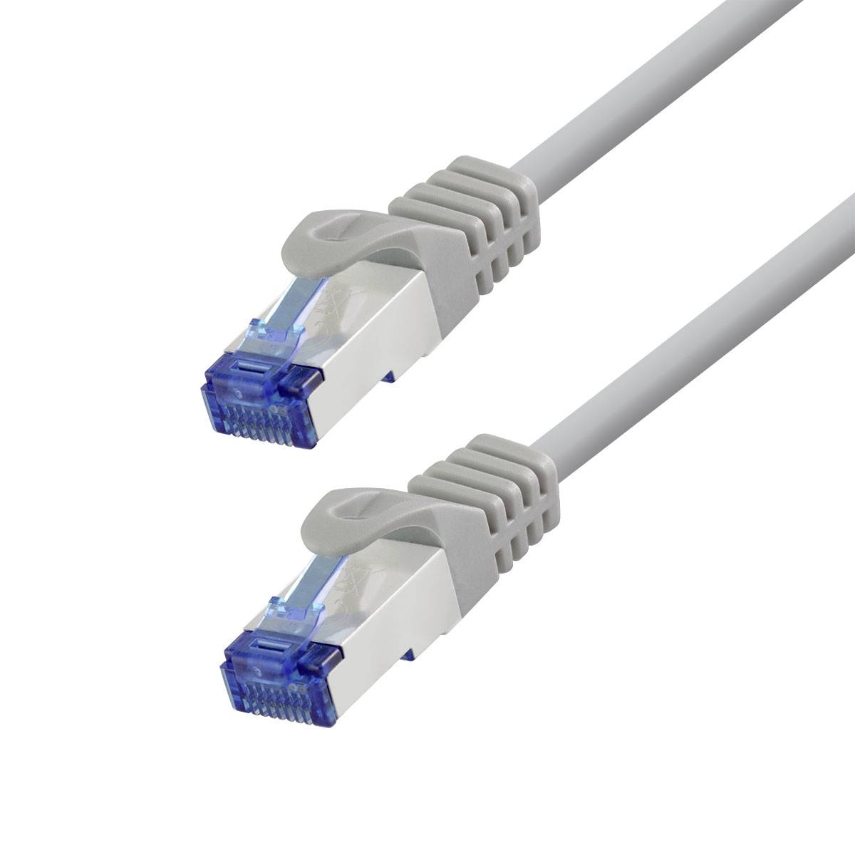 Twee grijze Ethernet-kabelconnectoren met blauwe RJ45-stekkers op een witte achtergrond.