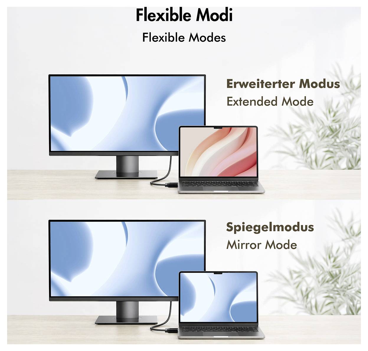 Infographic waarin flexibele weergavemodi worden vergeleken: Uitgebreide modus toont een laptop die is verbonden met een groter beeldscherm; Spiegelmodus toont beide schermen die dezelfde inhoud weergeven.