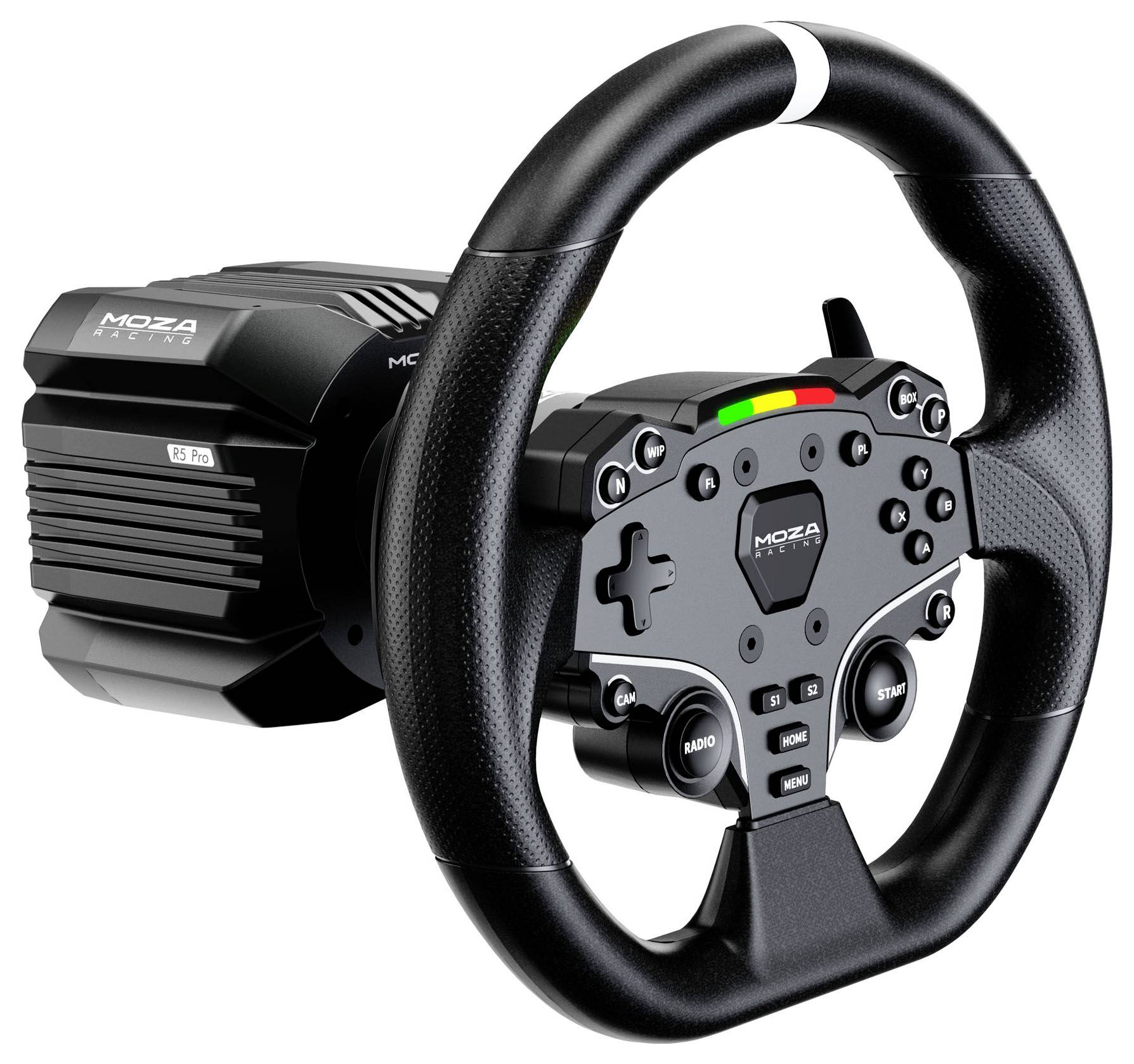 MOZA racestuur en krachttfeed-backbasis, weergegeven als een gamingsimracingopstelling op een witte achtergrond.