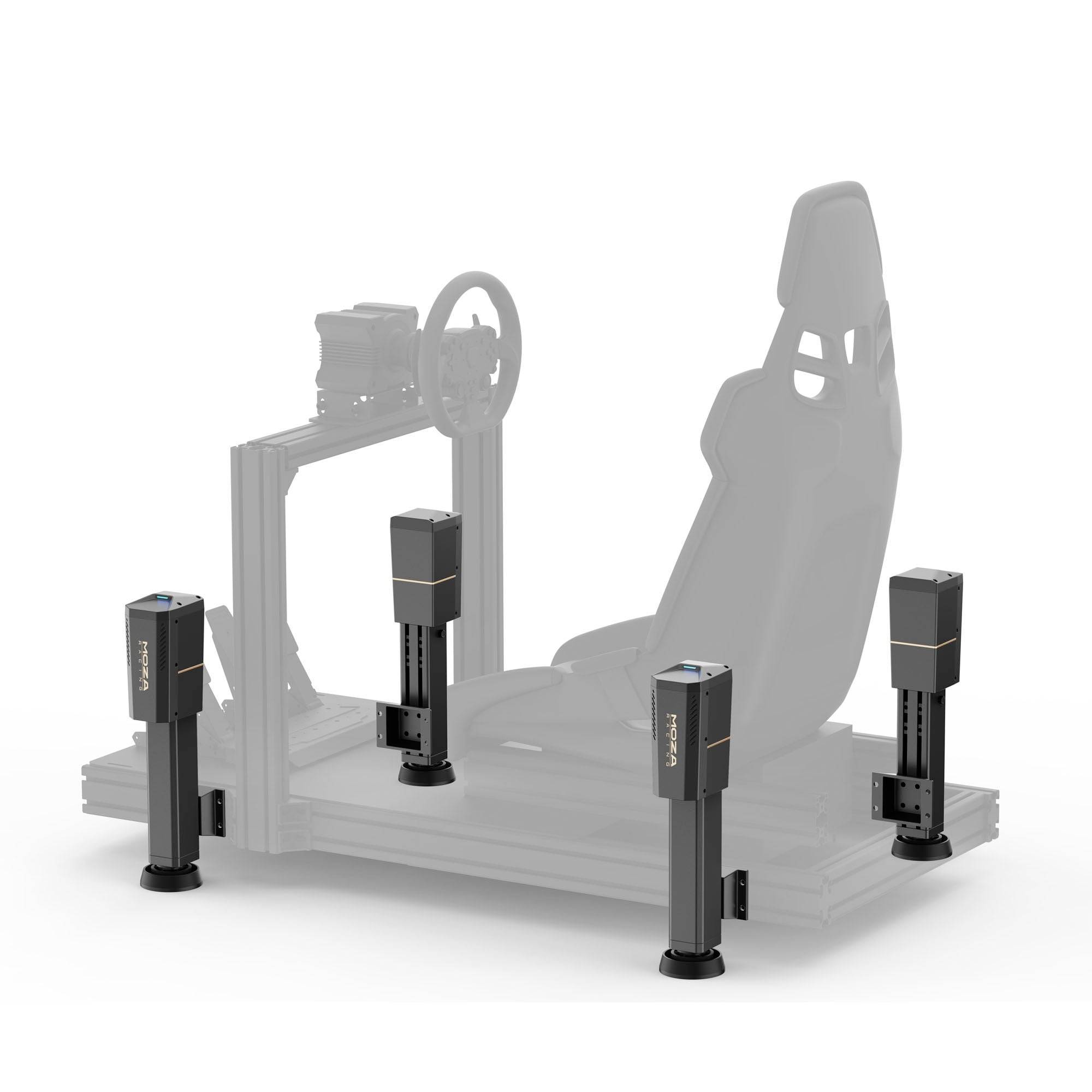 Een autostoelsimulator met vier verticale actuators rond een gemonteerde racestoel en stuurwiel, weergegeven op een witte achtergrond.