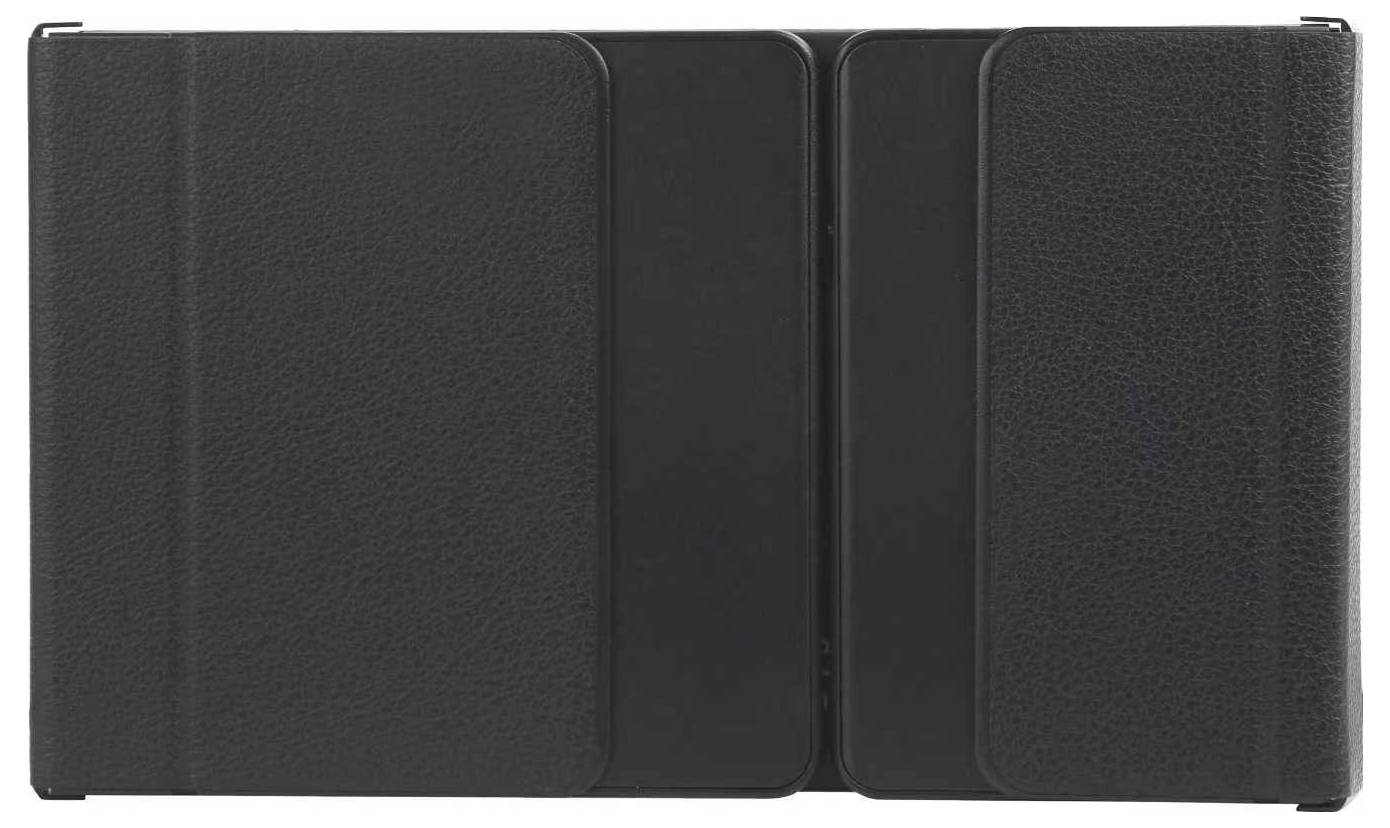 Zwart opvouwbaar tablethoesje met drie voorpanelen, gesloten en gecentreerd op een witte achtergrond.