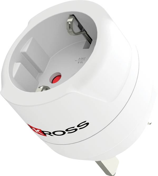 Witte Ross stekkeradapter met Europese aansluiting en rood indicatielampje, weergegeven in schuin productaanzicht op een witte achtergrond.
