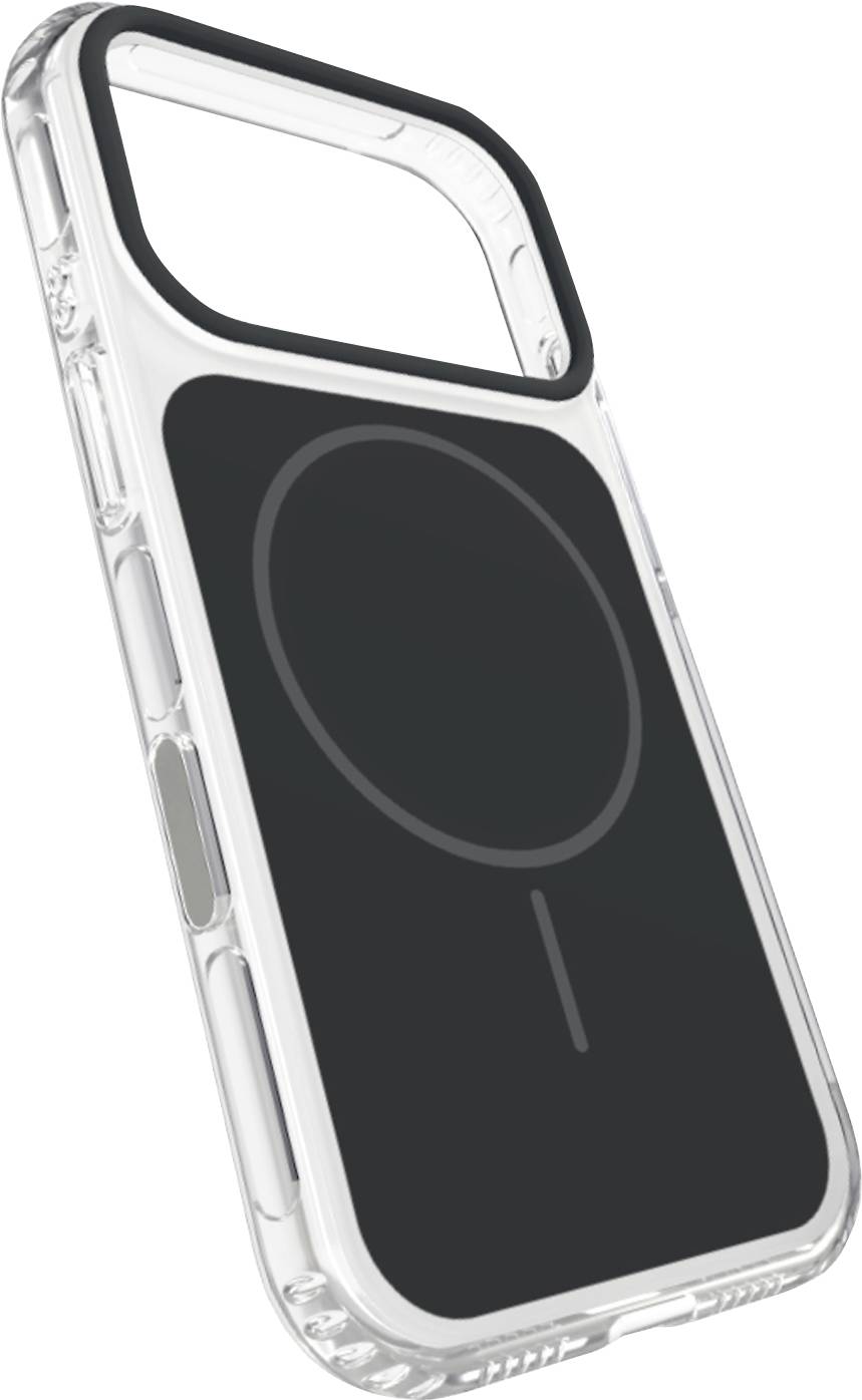Doorzichtige telefonopdracht met een zwart MagSafe-stijl circulair laadgebied en cameraarsnijding, weergegeven op een witte achtergrond.