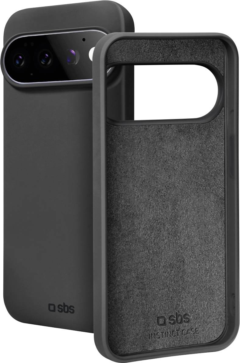 Twee zwarte smartphonehoesjes weergegeven van voor en achter, één met een grote camerauitsnijding en één met een stoffig interieurafwerking.