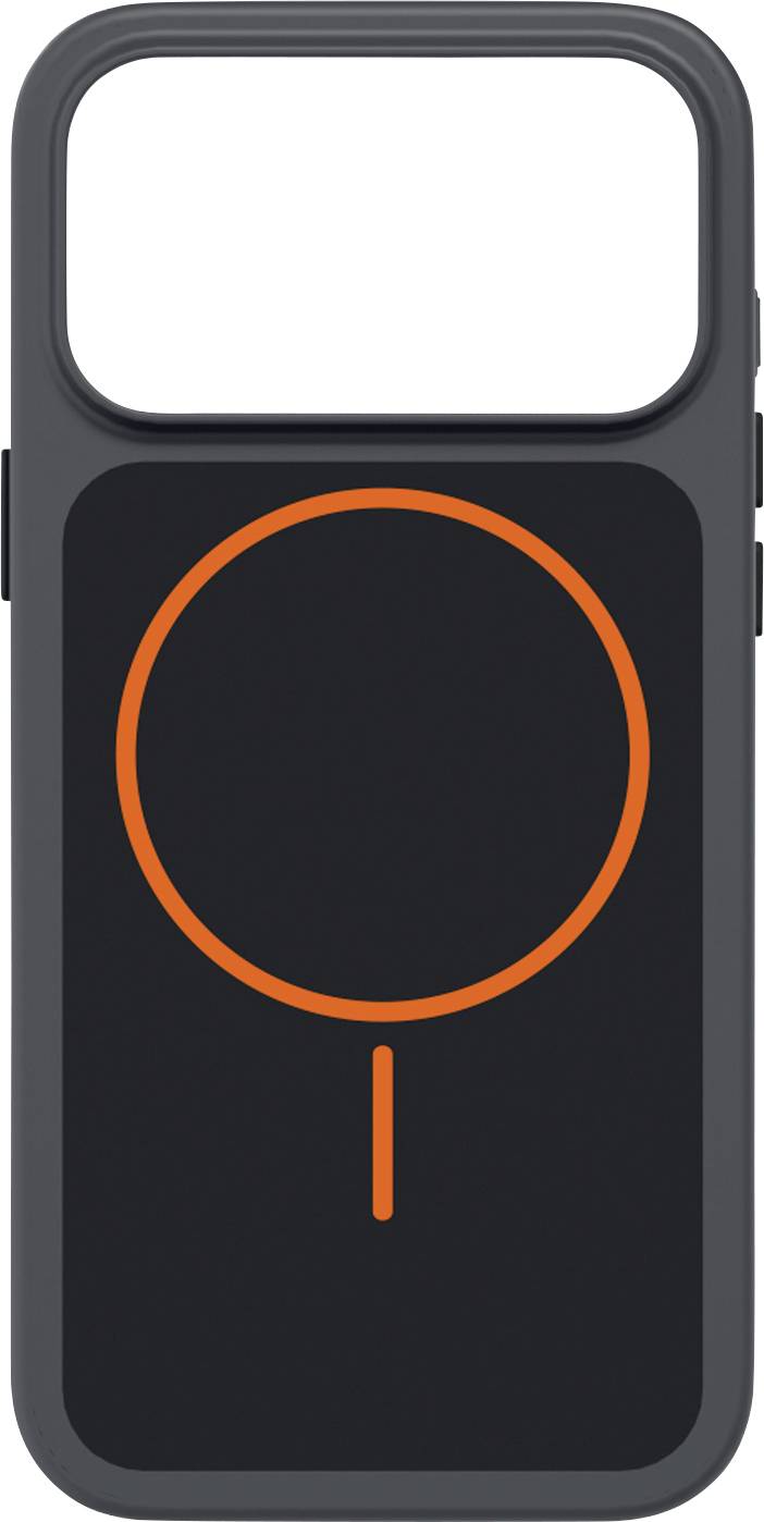 Achterkant van een smartphonehoesje met een groot rond magnetisch laaduitlijningspictogram in MagSafe-stijl op een donker paneel.
