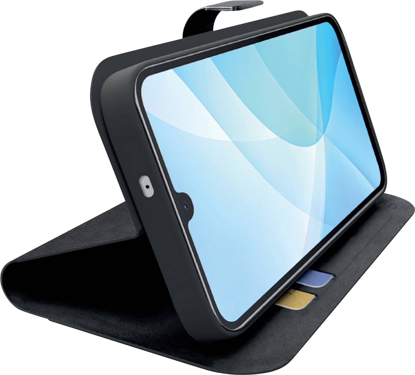 Tablet in een zwarte opvouwbare hoesstand, schuin rechtopstaand op een witte achtergrond.