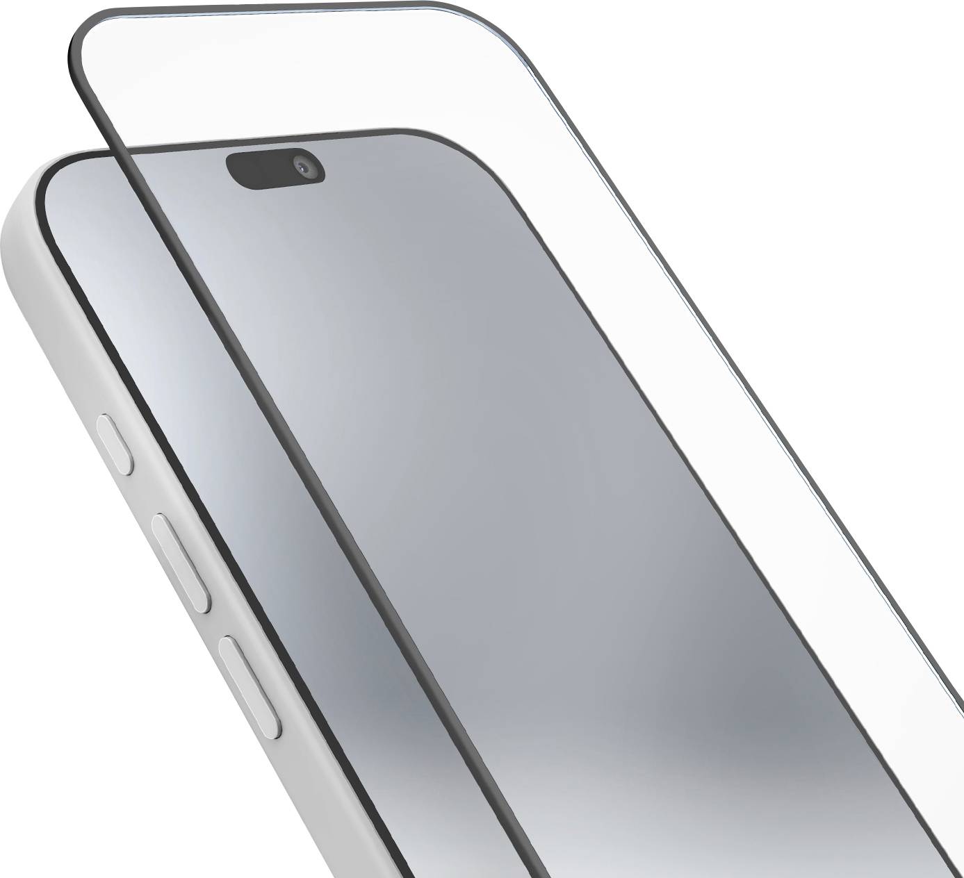 Een smartphone in close-up weergegeven met een transparante schermbeschermer die op het display wordt uitgelijnd en aangebracht.