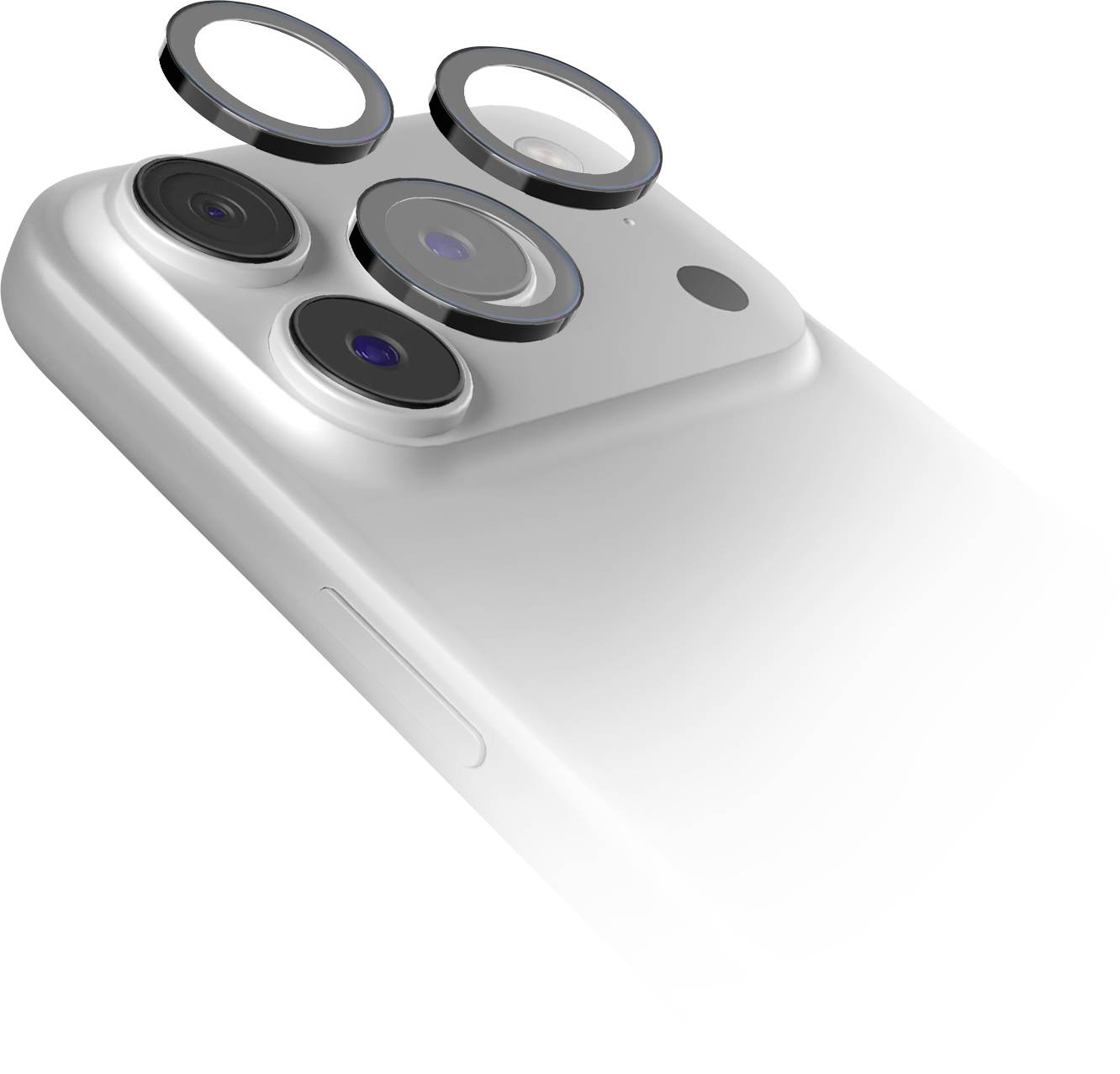 Close-up van een zilverkleurige smartphone's achterste cameramodule met vier lenzen, weergegeven onder een hoek op een witte achtergrond.