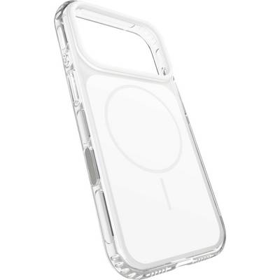 Doorzichtig beschermende telefoonhoesje met MagSafe-ring op een witte achtergrond, onder een hoek geplaatst om de uitsnijdingen aan de achterkant en zijkant te tonen.