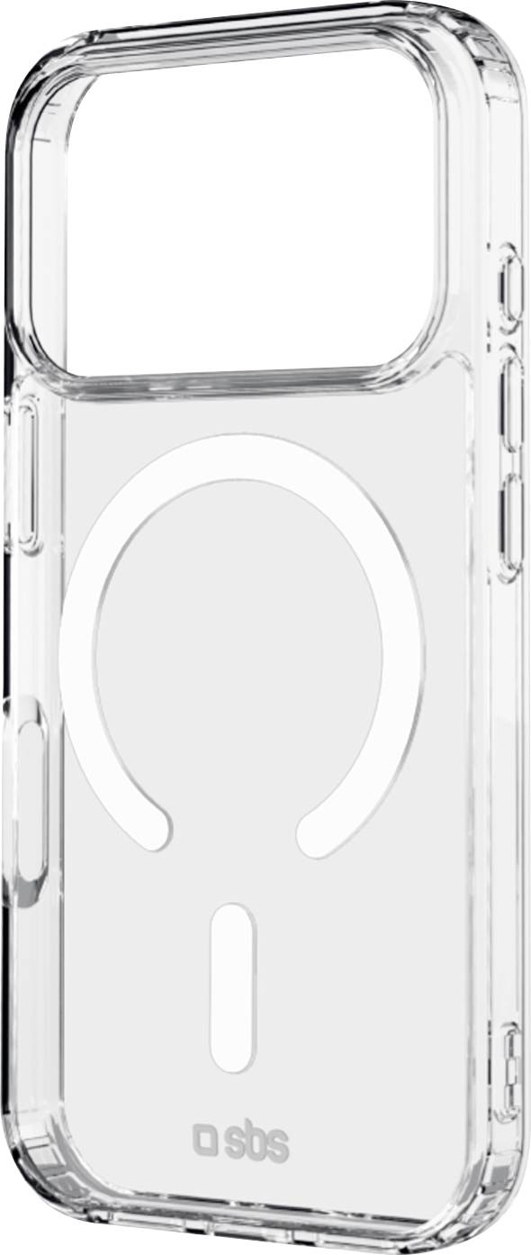 Doorzichtige smartphone hoes met een grote MagSafe ring en uitsnijdingen voor knoppen en camera.