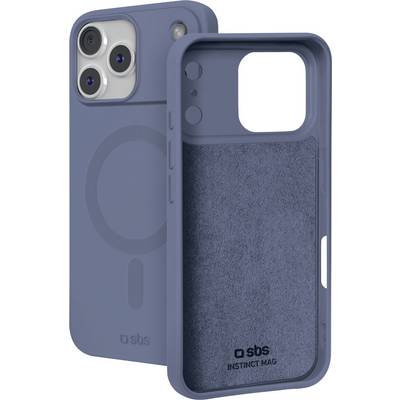 Twee blauwe iPhone-hoesjes weergegeven van voor en achter, met MagSafe-ring en camerarondsnijdingen; één hoesje is gebranded met 'sbs INSTINCT MAG'.