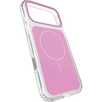 Doorzichtig smartphonehoesje met roze MagSafe-laadring en uitlijnmerk op de achterkant.