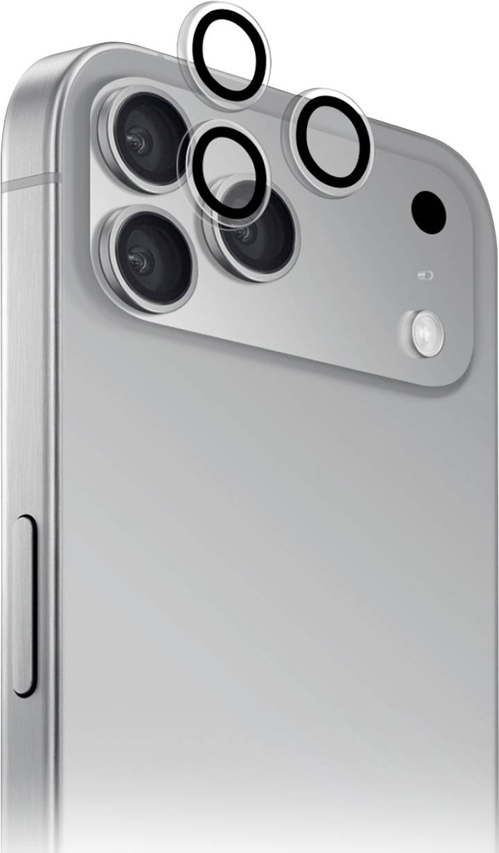 Zilverkleurige smartphonekant met drievoudige cameralensen, flitser en LiDAR-sensor op een eenvoudige witte achtergrond.