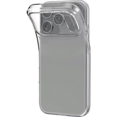 Transparante beschermende smartphonehoesje met verhoogde camerabescherming, weergegeven op een grijze telefoon tegen een witte achtergrond.