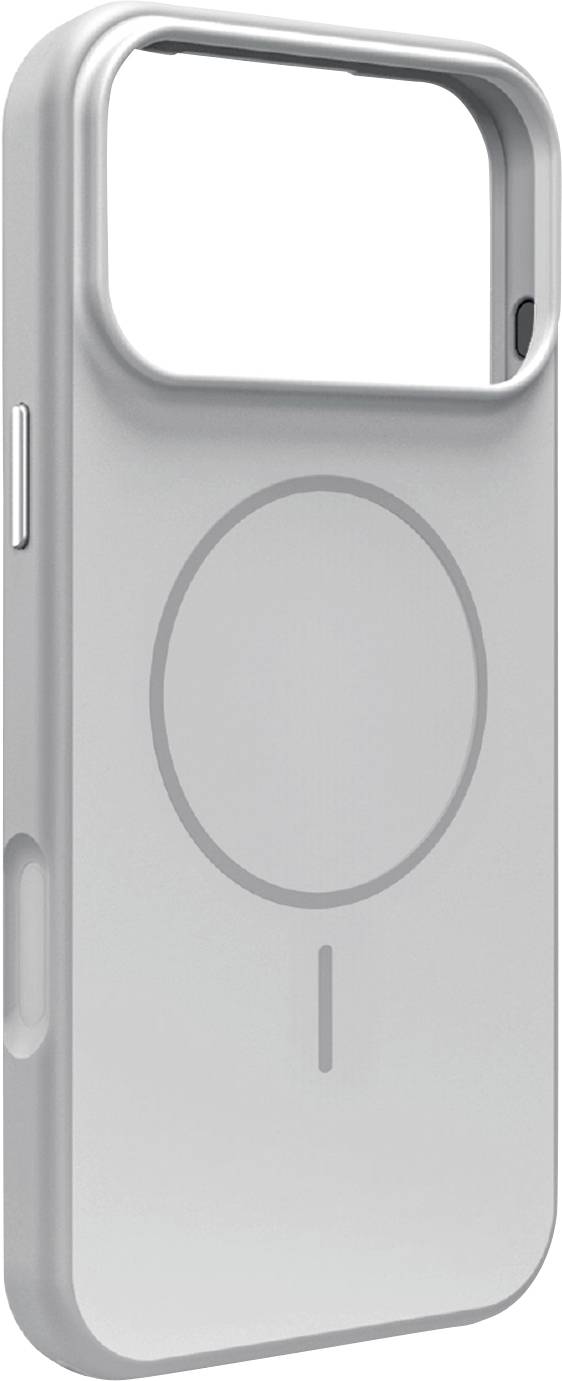 Zilveren smartphonehoesje met een grote ronde MagSafe-stijl oplaadring en open camerasnijtekening.