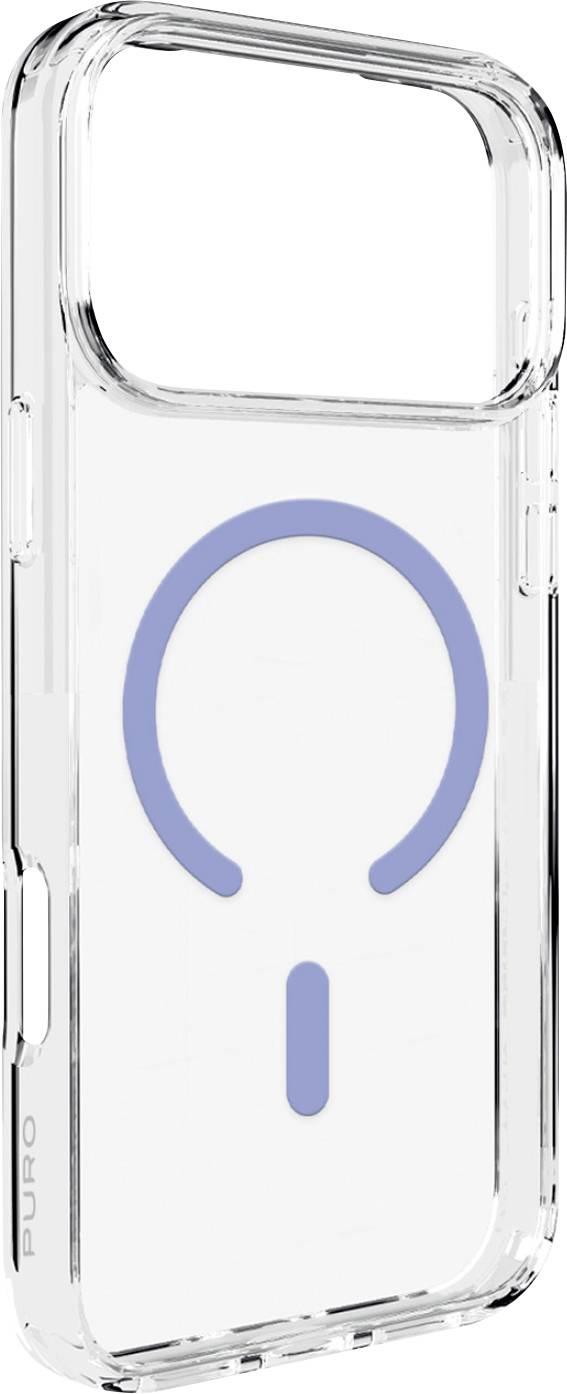 Doorzichtig telefoonhoesje met een blauw aan/uit-pictogram op de achterkant, weergegeven op een witte achtergrond.